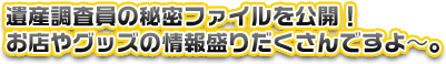 遺産調査員の秘密ファイルを公開！お店やグッズの情報盛りだくさんですよ～。